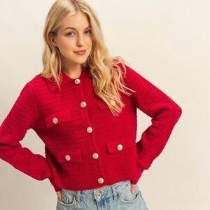 Chic Red Button-Up Crochet Knit Jacket